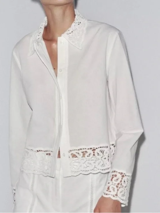 Zara white lace-trim blouse, new with tag - Picture 1 of 12